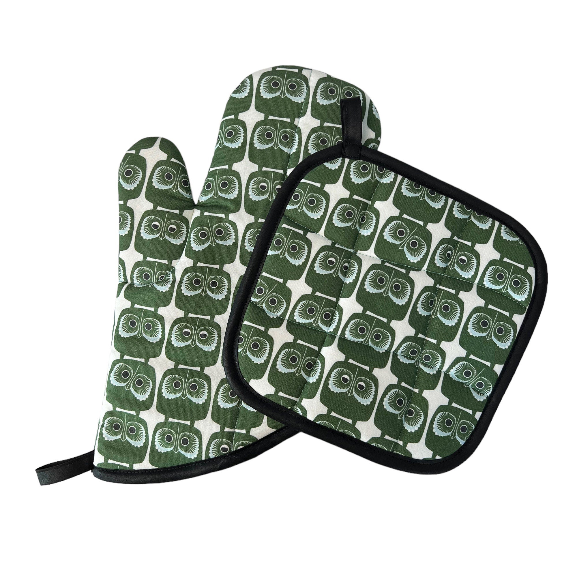 Green Owls Mitt Set